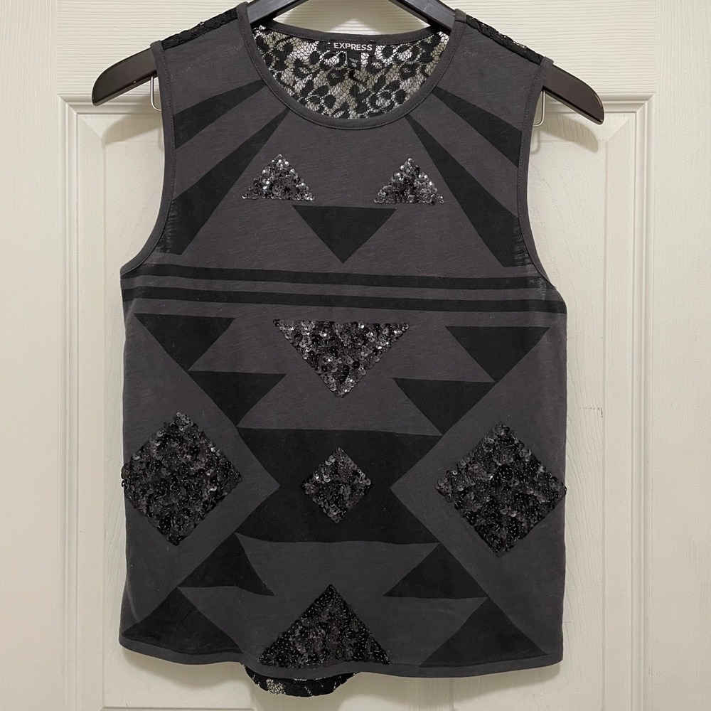 Express Sleeveless Tank Top Black Sequin Lace‎ Back Casual Summer Club Party